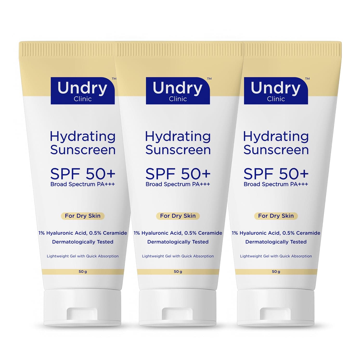 Undry SPF 50+ PA+++ Sunscreen Gel with Hyaluronic Acid & Ceramide | Hydrating Lightweight Face Sunscreen for Dry Skin | Broad Spectrum UV Protection | Pack of 3 (50g Each)