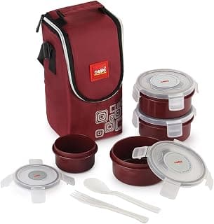 CELLO MF Click Lunch Box with Insulated Jacket, Brown | 3 x 300ml Containers, 1 x 180 ml Pickel Container, Spoon & Fork | Food Grade, BPA Free PET Body | Airtight Clip Lock, Leakproof Tiffin Box Set