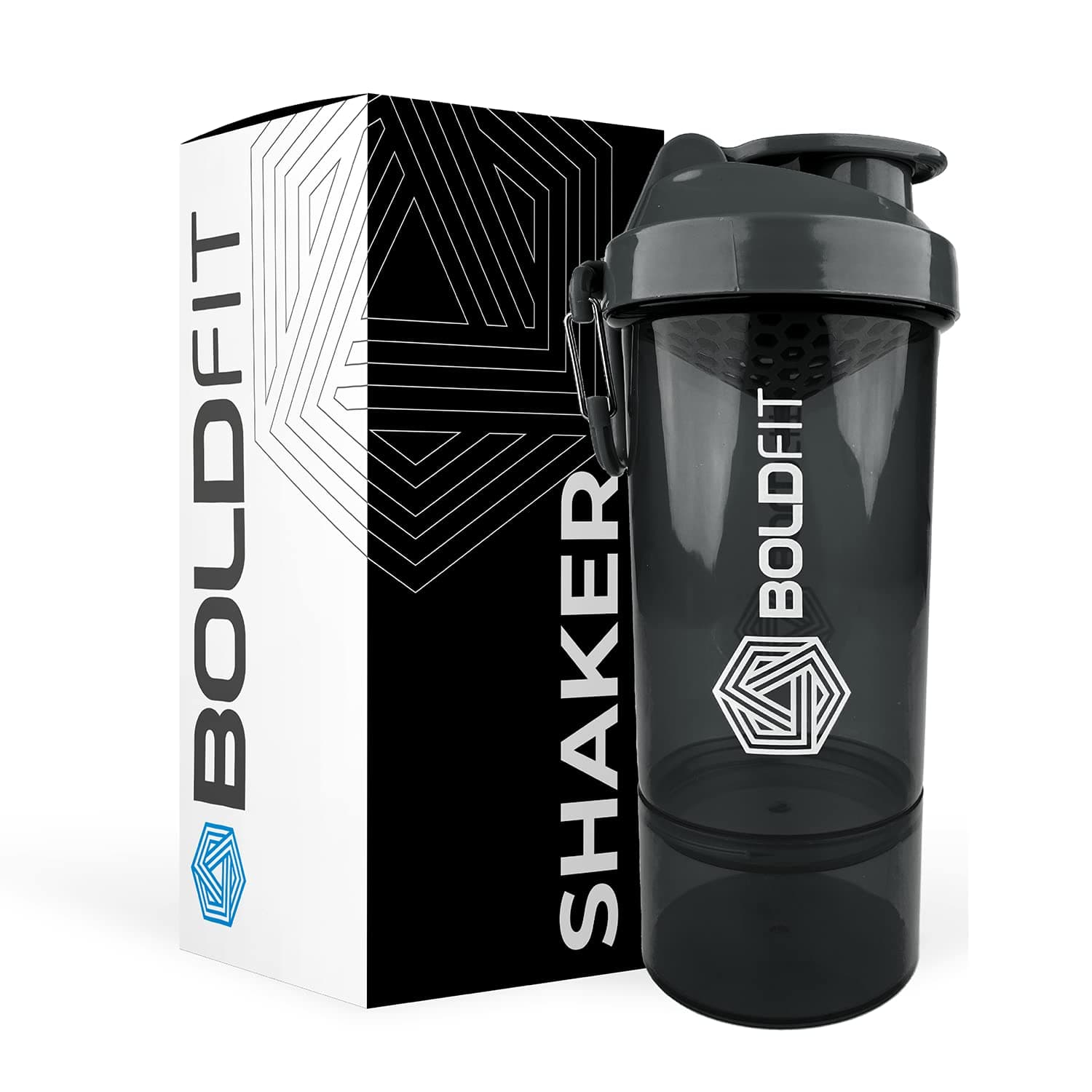 Boldfit Shakers for Protein Shake Bottle Gym Shaker Bottle Shaker Bottles for Protein Shake Gym Protein Shaker Bottle 600ml with Extra Compartment Shaker Mixer Bottle Shaker for Gym - Black 600 ml