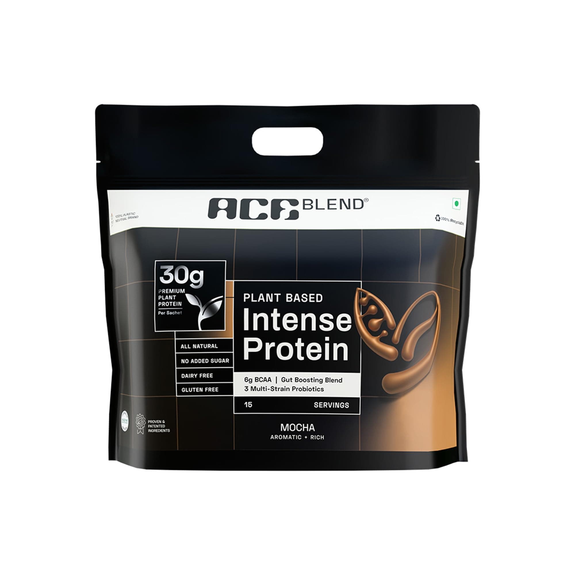 Ace Blend Intense 30g Plant Protein | Supports Muscle Growth & Recovery | Reduces Post-Workout Fatigue | 6g BCAA Amino Profile | Easy to Digest | For Men & Women | Mocha (30 Servings, 1.2kg)
