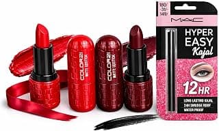 COLOR21 Matte Lipstick and MAC Hyper Easy Kajal Combo, 2 Lipsticks Maroon and Cherry Red, Intence Black Kajal, 24HR Long Lasting, Waterproof, Smudge Proof, 3 Pieces