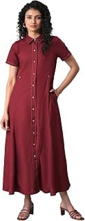 W for Woman Women's Fit and Flare Cotton Material Dress, Midi Regular Fit Solid Dress