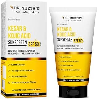 Dr. Sheth's Kesar & Kojic Acid Sunscreen | With 2% Kojic Acid | In-Vivo Tested | Pigmentation-Free, Glowing & Protected Skin | SPF 50+ PA++++ | Lightweight, Zero White Cast | For All Skin Types | 50 g