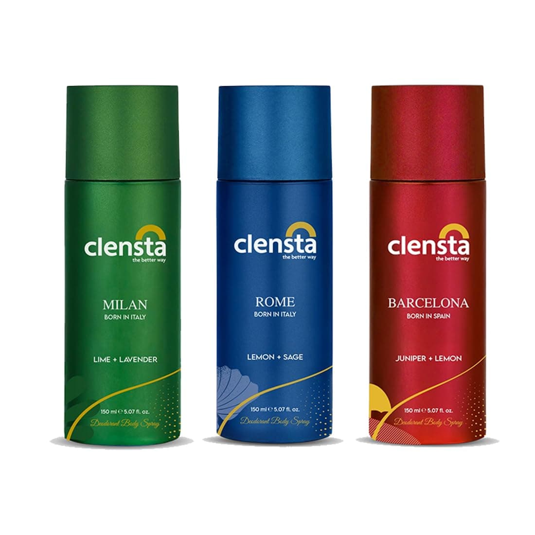 Clensta Deodorant for Men Combo Pack of 3 Body Spray 150ml x 3 | Long Lasting | Gift for Men Boyfriend Husband (Milan, Rome, Barcelona)