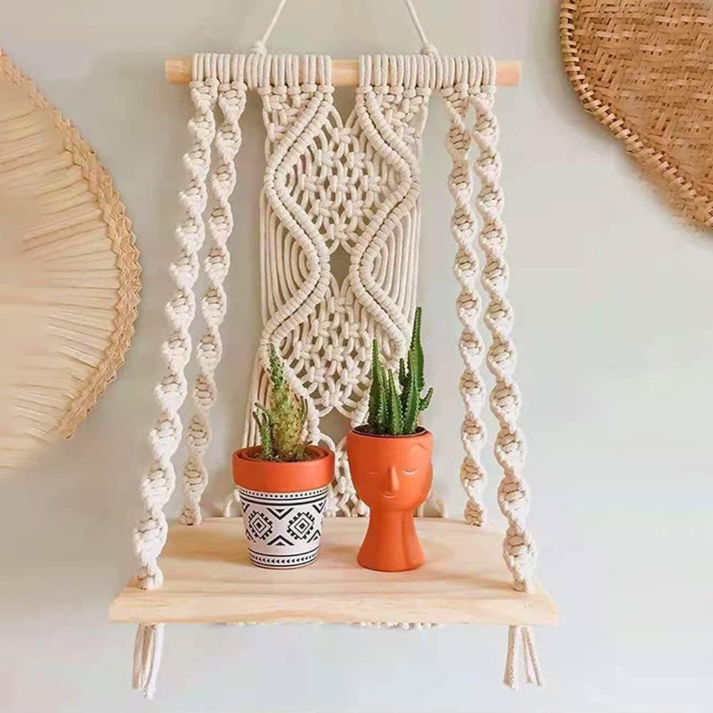 Daruh craft Macrame Wall Hanging Plant Decor Shelf Indoor Outdoor Floating Wood Shelve Decorative Hand Made Rope Boho Shelving For Plants, White