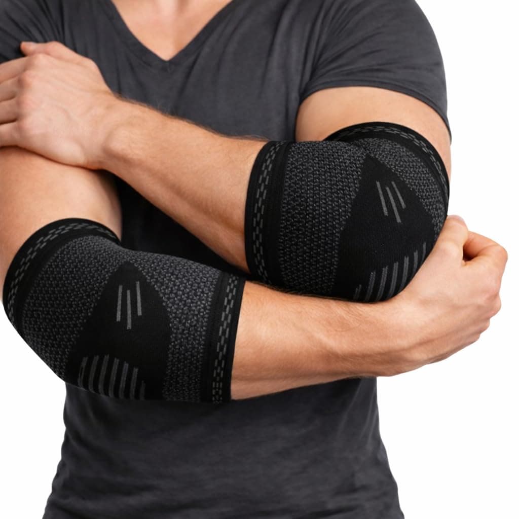 WELLESA Elbow Support Sleeve for Men & Women | Compression Brace for Pain Relief, Stability & Injury Recovery | Ideal for Sports, Gym, Running & Workouts | Pack of 2 (Black & Grey, Large)