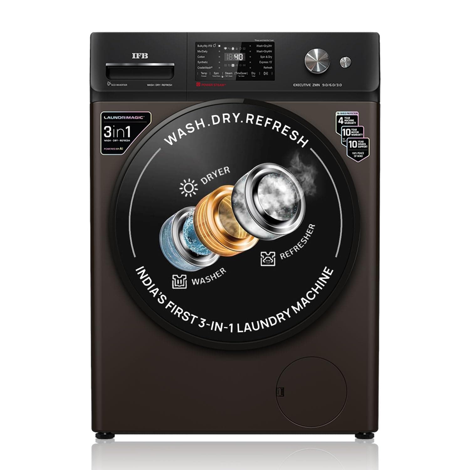 IFB 9/6/3 kg Fully Automatic Washer Dryer Refresher with Steam Refresh, AI Powered, 100% Dry Clothes, 9 Swirl Wash Mimic Handwashing, WiFi & Eco Inverter Motor (WDR Executive ZMN CMS, Mocha)