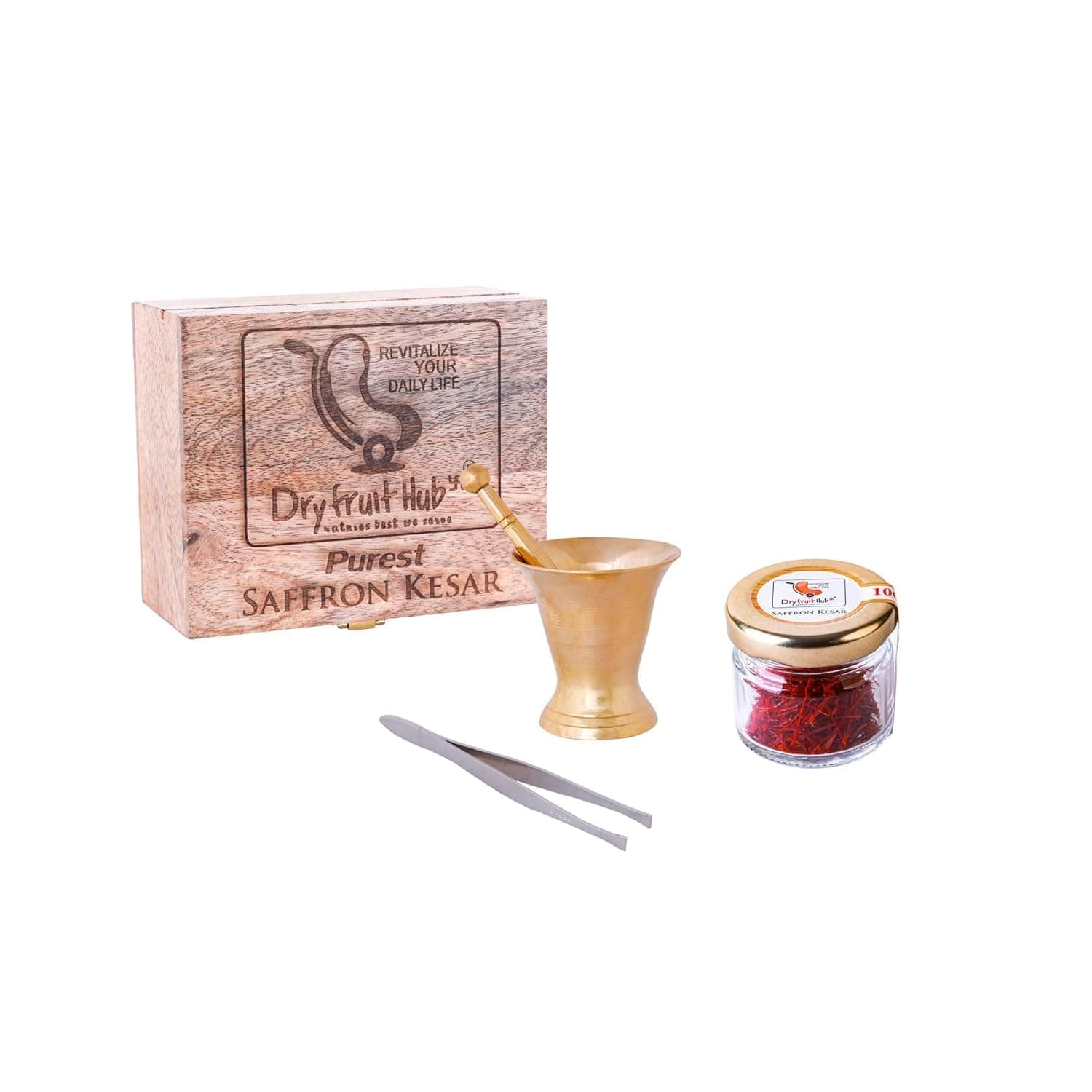 Dry Fruit Hub Saffron Kesar 1g Saffron Original Kashmiri Mongra Grade A+++ With Purity Quality Certificate With Antique Wooden Gift Box With Brass Okahlee (mortar and pestle) And Plucker