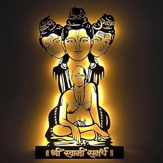 NEXTSTEP1 Shree Swami Samarth Metal Wall Art with LED Light | Tridev Design | Wall Hanging (25 x 15 inch) | Black Matte Finish | Spiritual Home Decor for Pooja Room, Living Room & Gifting