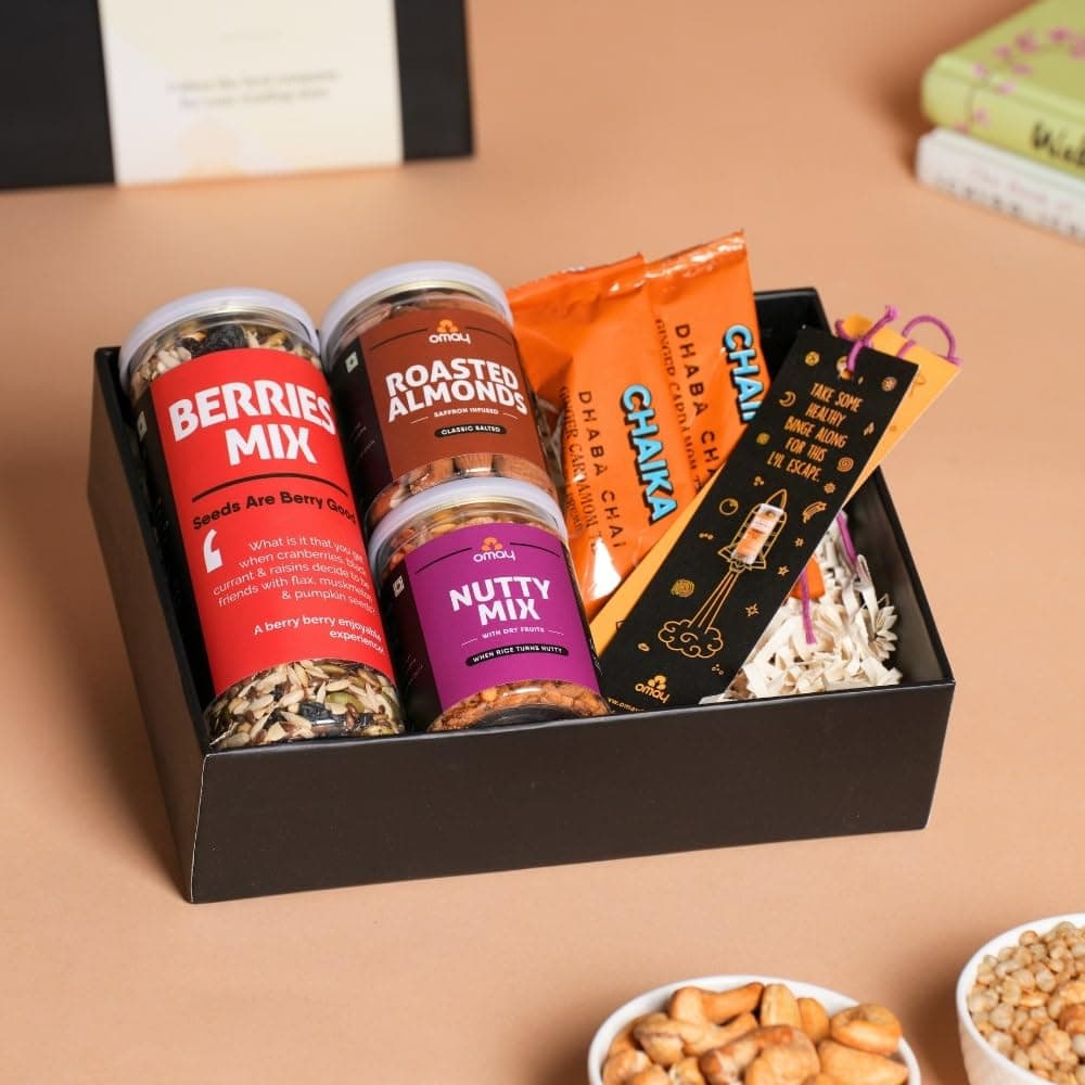 Omay Foods Binge Worthy Reading Ready Box I Roasted Snacks, Tea Sachet, Bookmark I Gifts for Employees, Clients I Corporate Gift Hampers I Oil-Free Healthy Snacks Hamper I Gourmet Gift Pack