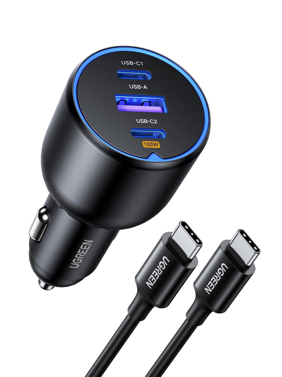 UGREEN 130W Laptop USB C Car Charger Fast Charging, 3 Ports Cigarette Lighter Adapter, PD3.0/QC4.0/PPS 45W, LED Light, Compatible with Galaxy S24, MacBook, iPad, iPhone 17 with a 100W USB C Cable