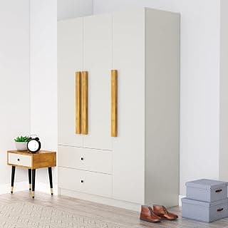 Bniture Wooden Almirah for Clothes, Door for Bedroom, 3 Door Wardrobe with 2 Drawer & Hanging Space (40D x 120W x 180H CM) | 3 Year Warranty (Frosty White)
