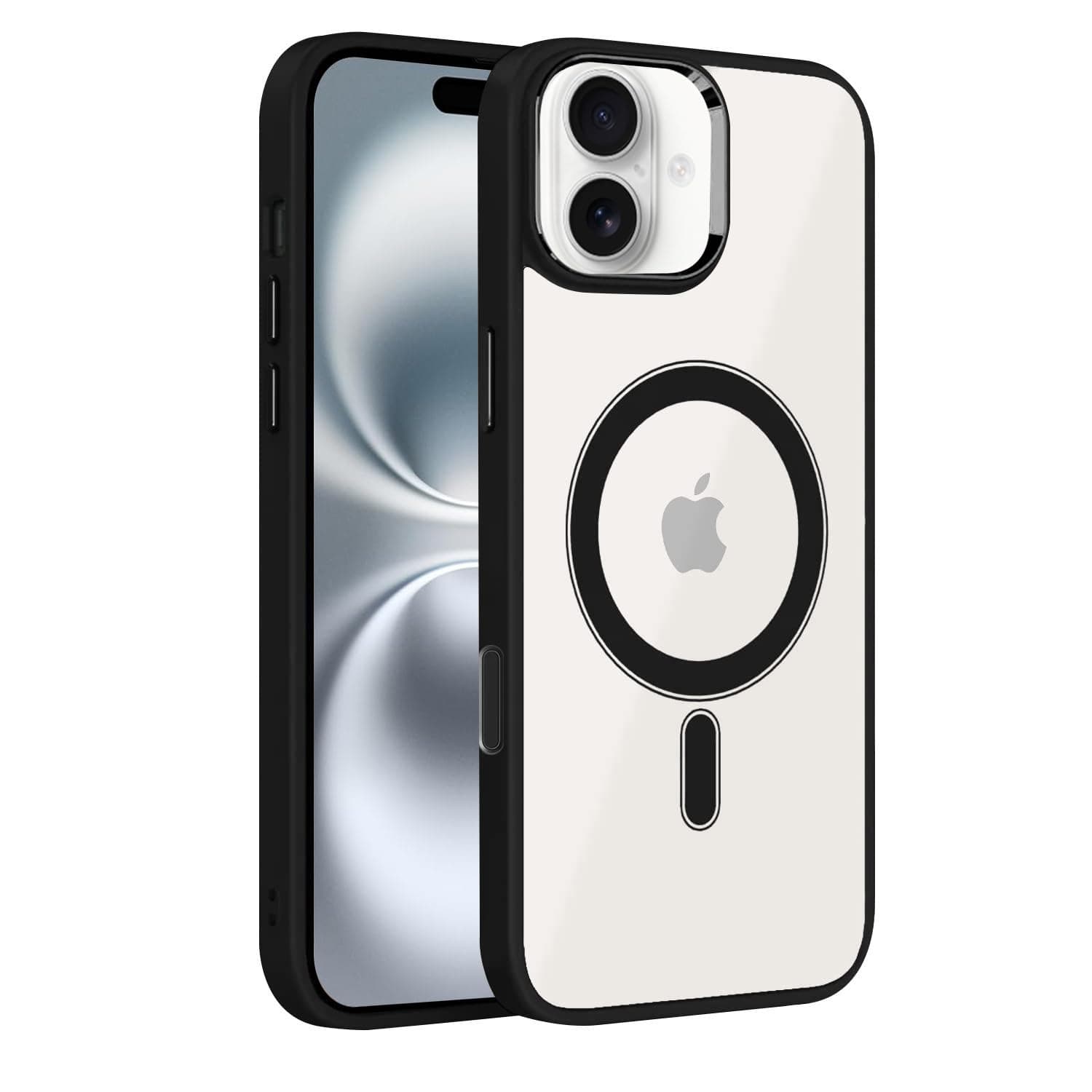 amazon basics Mobile Cover | Compatible with MagSafe | Electroplated Metal Ring | Camera Protection | Raised Edges | PC TPU Hybrid Clear Case | Transparent Bumper Case for Apple iPhone 16 (Black)