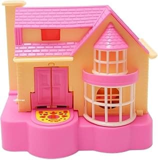 Pink Plastic Doll House Toy with Wind-Up Coin Bank Feature, Puppy Figure Included, for Kids