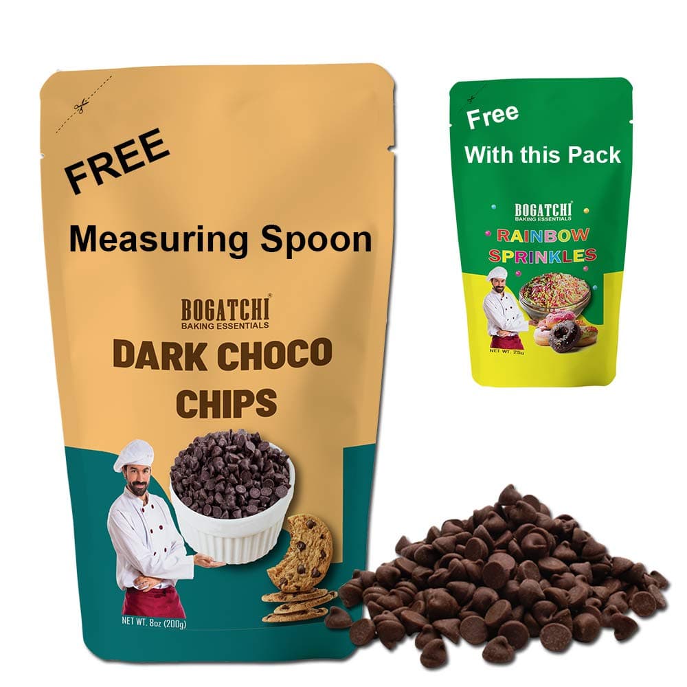 BOGATCHI Choco chips for baking, Chocolate Chips for Decoration Coffee, Ice Creams and Shakes, Dark Chocolate Chips, Dark Chocolate Baking Chips, Gluten Free and Tasty, 200g with Free Measuring Spoon