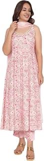 W for Woman Rose Pink Printed Shantung Flared Kurta, Parallel Pant and Dupatta Set