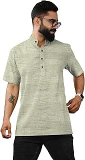 Generic Men Short Kurta Half Sleeve Mandarin Collar | Pure Khadi Cotton Blend Linen Textured Fabric | Casual Ethnic Wear | Festive Kurta for Men