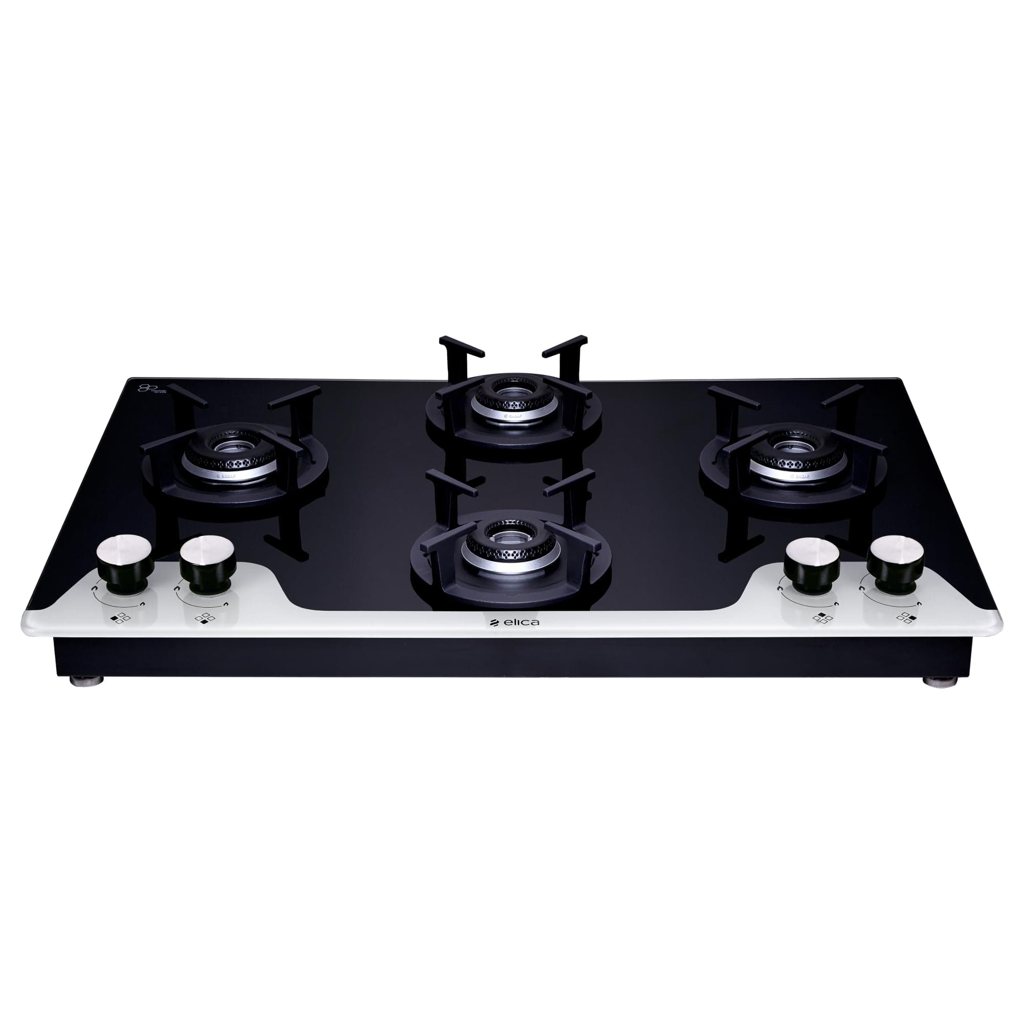 Elica 70cm 4 Burner Auto Ignition Hob | SABAF Burners | Dual Tone Toughened Glass | Cast Iron Pan Support | 5 Year Glass & Valve Warranty | RG FLEXI HCT 470 DX LOTUS BK DUAL TONE