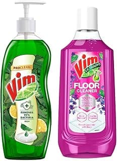VIM ProClean Dishwash Liquid Gel with Neem, Removes 99%* Backeteria, Removes tough grease and odours, 750ml & Vim Floor Cleaner: 1000ml | French Lavender with Sage
