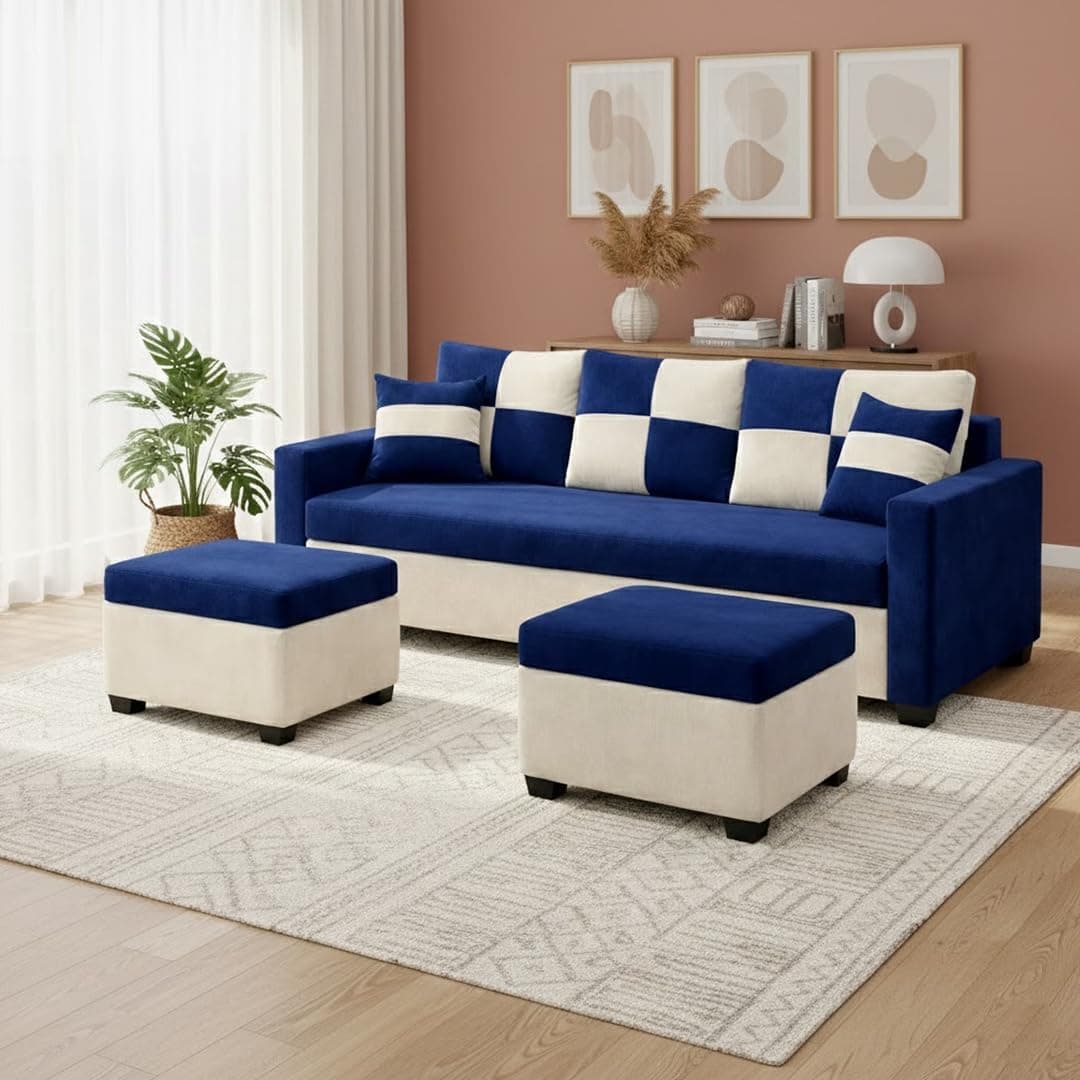 CASARIO Chastine 5 Seater L Shape Sofa Set with 2 Movable Ottomans | Flexible Layout | Luxe Velvet Suede Fabric | Comfortable Seating | Modern Sofa for Living Room – Dark Blue & Cream