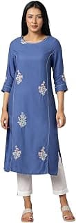 W for Woman Dark Blue Embroidered Kurta in Round Neck