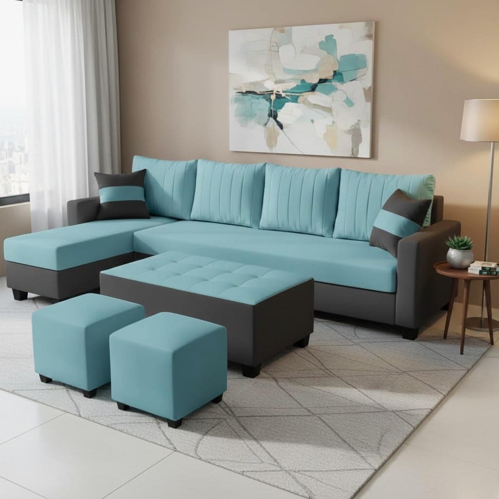 FURNY Avenue 8 Seater Fabric LHS L Shape Sofa Set with 1 Centre Table & 2 Puffy (Sky Blue-Dark Grey) Premium Velvet Finish