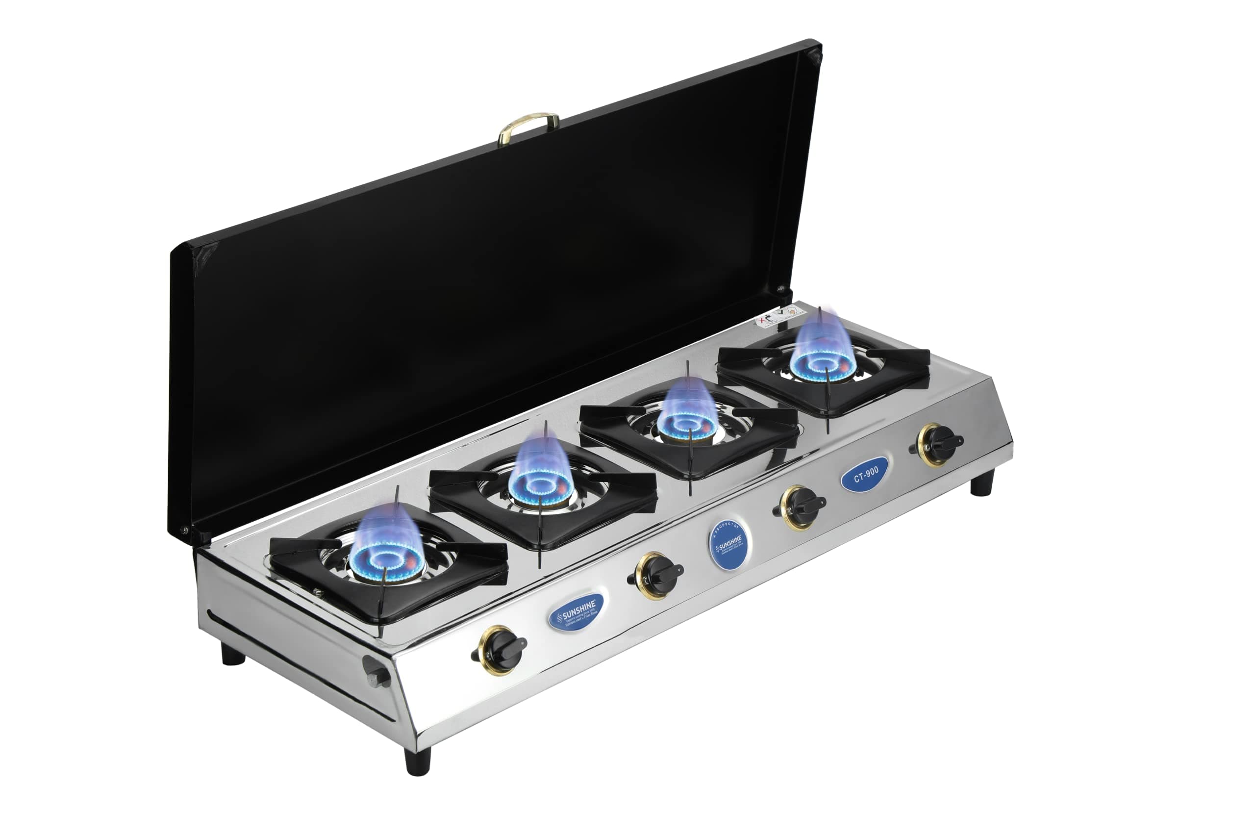 Sunshine CT900 Cover Sleek 4-Burner Gas Stove with Manual Ignition, Stainless Steel Body, ISI Certification, and Silver Elegance for Elevated Cooking Experience