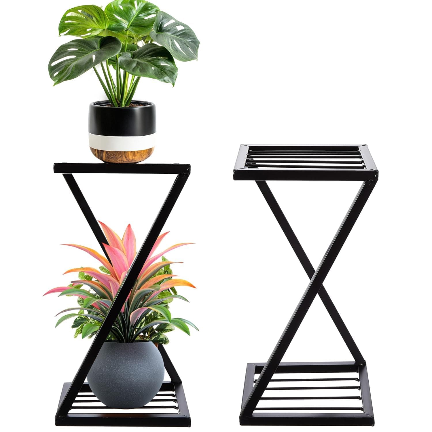 Pivalo Z Shape Plant Stand Anti-Rust Metal Flower Pot Holder Outdoor and Indoor 2 Tiers Planters Gamla Stands for Balcony & Living Room Home Decor (Pack of 2, Black)