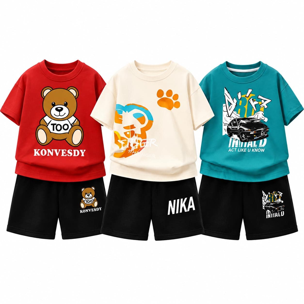 Googo Gaaga Kids Boys 100% Cotton Clothing Set Combo Pack of 3 | Half Sleeve Printed T-Shirt & Shorts Clothing Set for Boys | Casual Summer Wear Outfit for Kids | Soft & Comfortable |