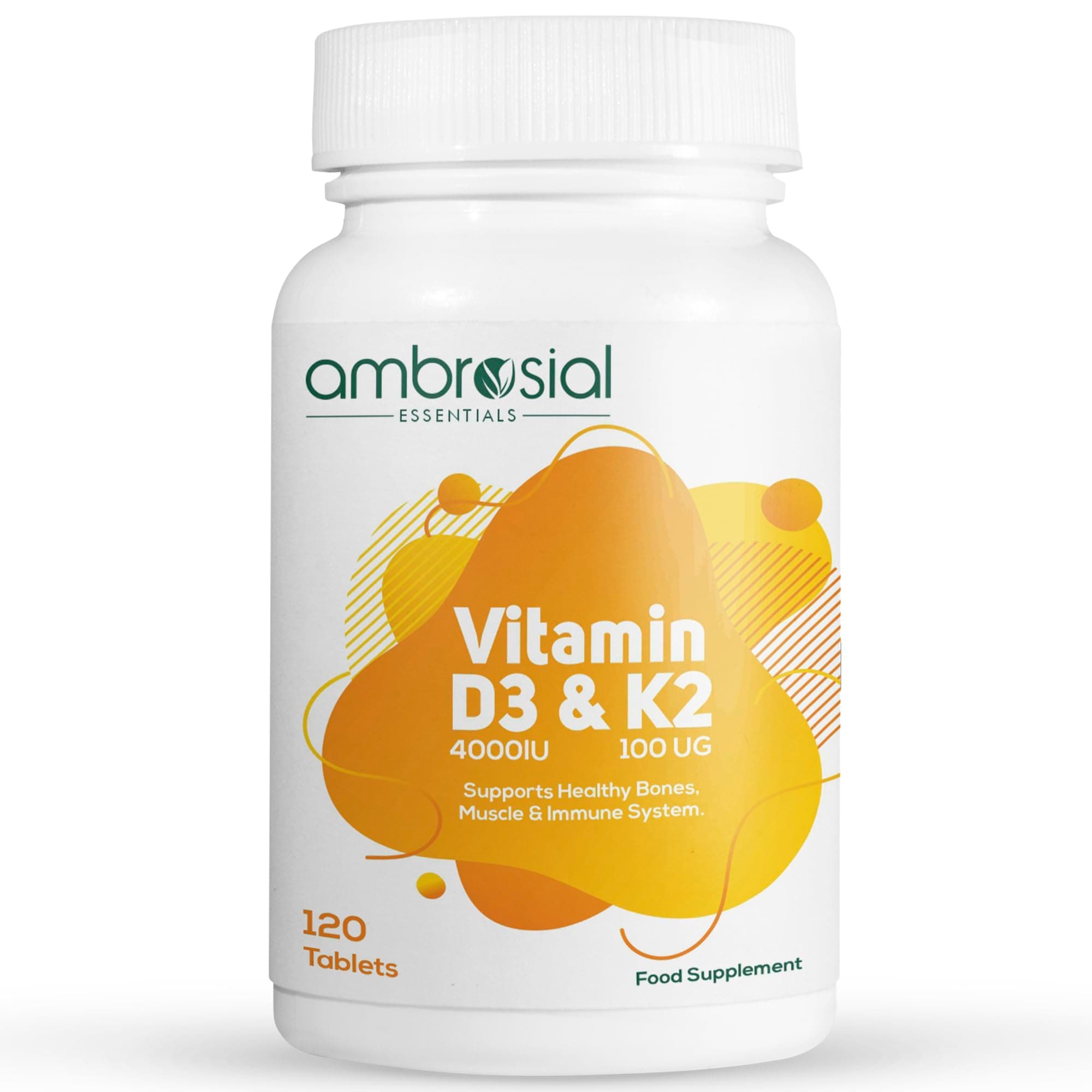 Ambrosial Vitamin D3 & K2 Tablets 4000IU Vitamin D3 + 100µg K2 MK-7 for Healthy Bones, Muscles, and to Support The Immune System -120 Tablets