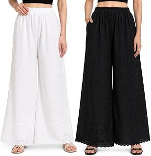 Generic Women Cotton Plazo Combo for Women | White & Black Embroidered Palazzo Pants | Free Size Flared Palazzo | Ethnic Wear Pant for Kurti, Tops & Kurtas | Pack of 2
