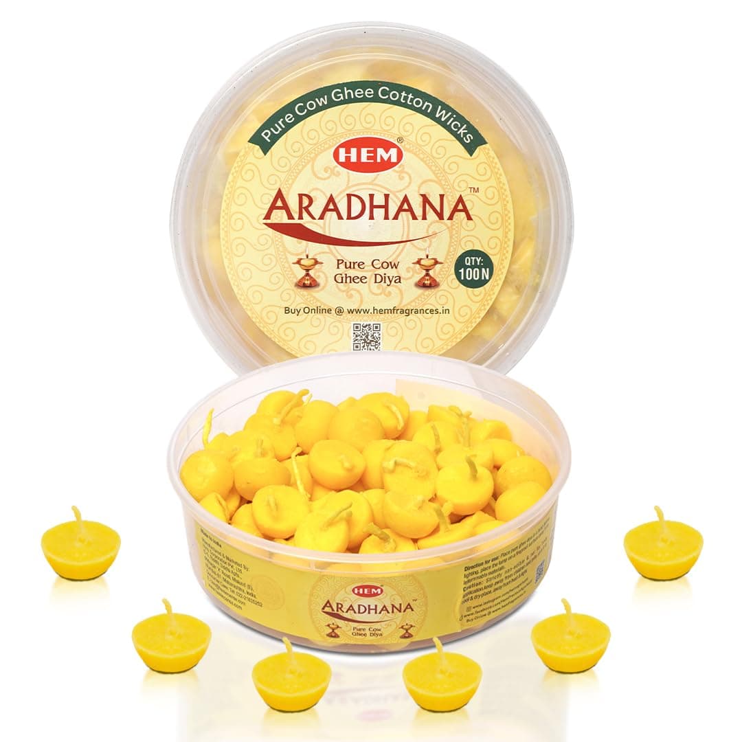 Hem Aradhana Pure Cow Ghee Diya with Batti Pack of 100 | Ready-to-use Wax-Free Ghee Wicks for Puja, Aarti & Festivals | 30-min Burn Time | Pooja Essentials for Home, Temple & Rituals