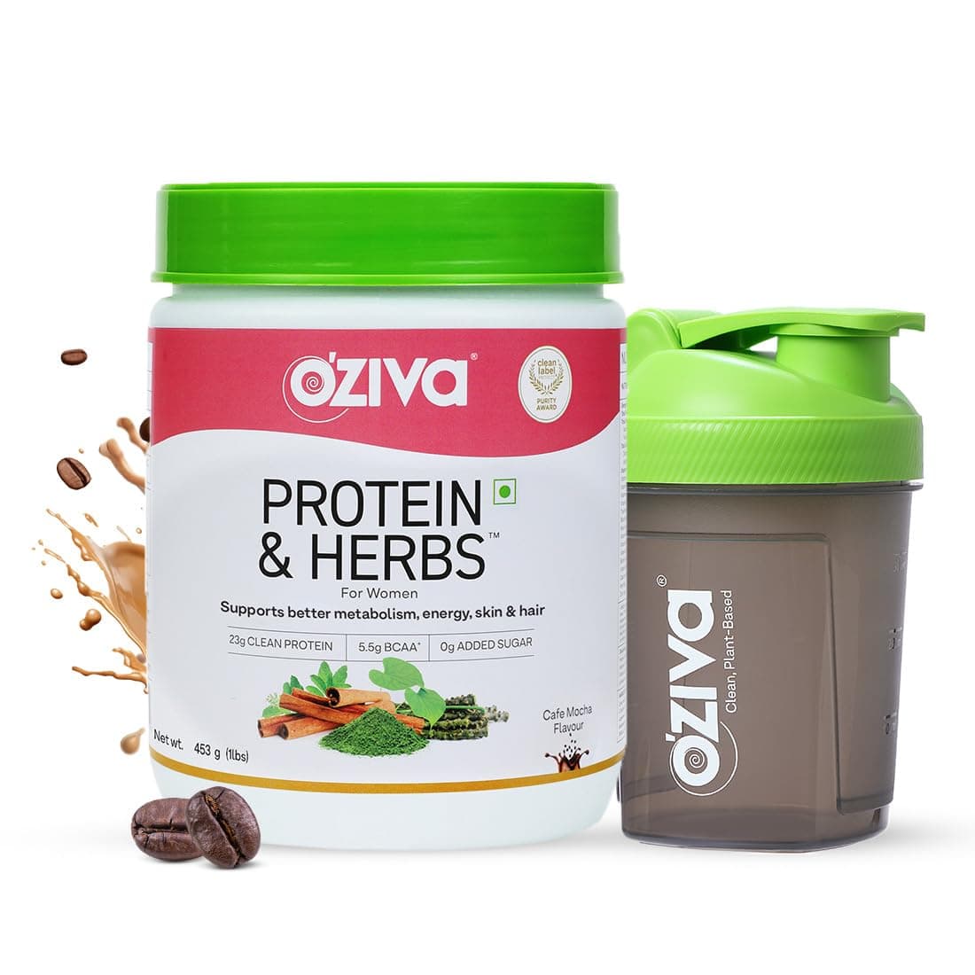 OZiva Protein & Herbs for Women (Cafe Mocha) I Manage Weight, Energy & Metabolism | Clean Protein, Shatavari, Green Tea I No Added Sugar, 1lbs + Shaker