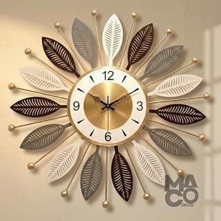 Stylish Metal Wall Clock for Living Room - Decorative Designer Fancy Wall Hanging Clock with Leaf Pattern for Bedroom Hall Home Modern Decor