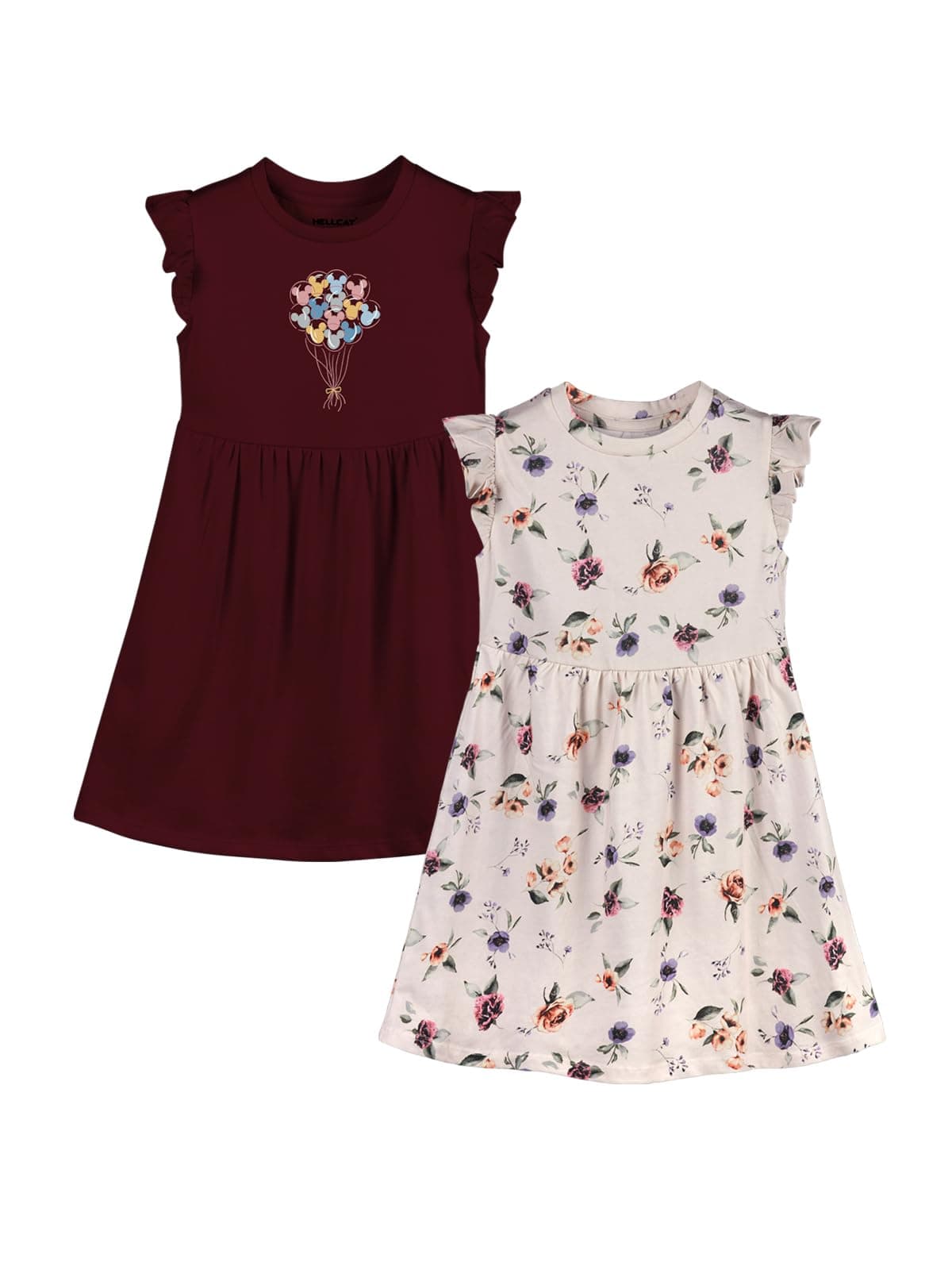 HELLCAT Printed Ruffle Sleeve Casual Dresses for Girls - Pack of 2