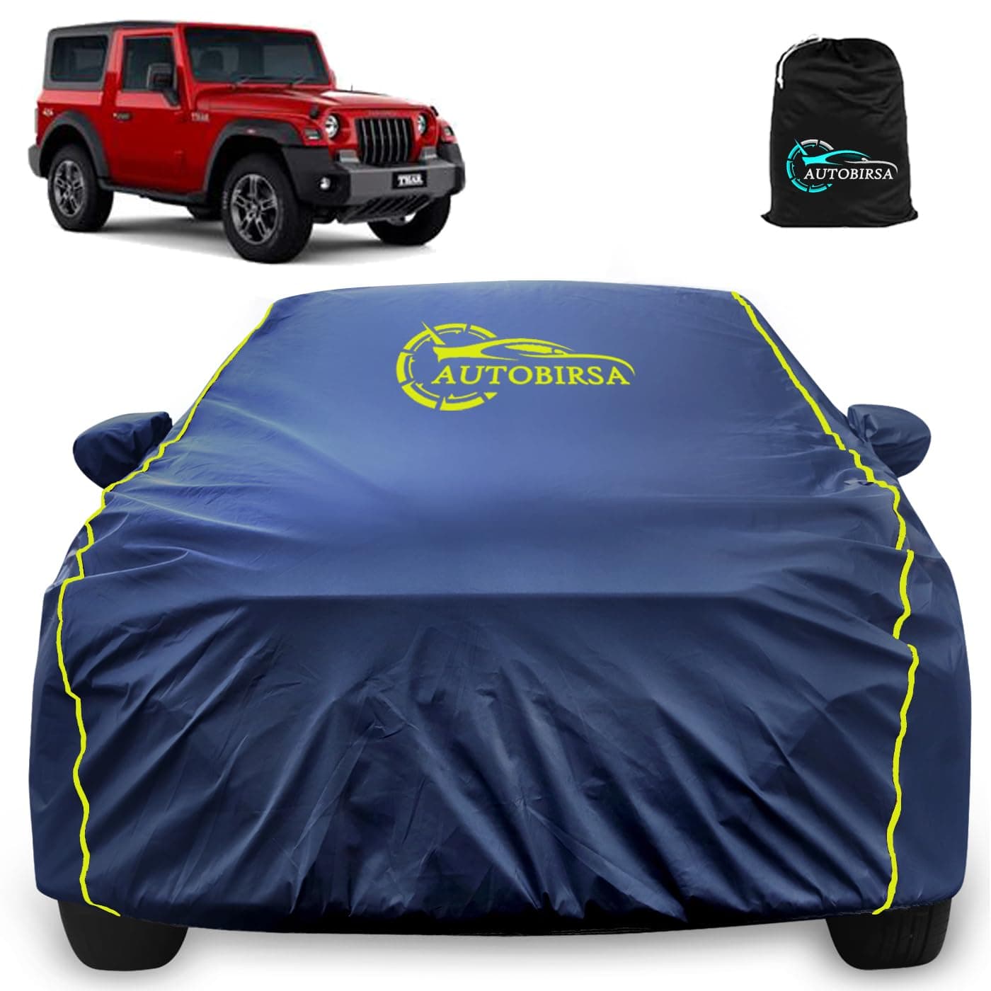 Autobirsa Waterproof Car Body Cover for Mahindra Thar 100% All Weather Proof with Mirror Packet & Full Bottom Elastic, Triple Stitching with 100% Nail Proof Cover Navy Blue