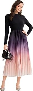 LITZO Dress for Women || Women’s Ombre Pleated Maxi Dress || Elegant Long Sleeve Gradient A‑Line Gown for Parties & Casual Outings || Lightweight Comfortable Casual Wear (T-L-19-20)