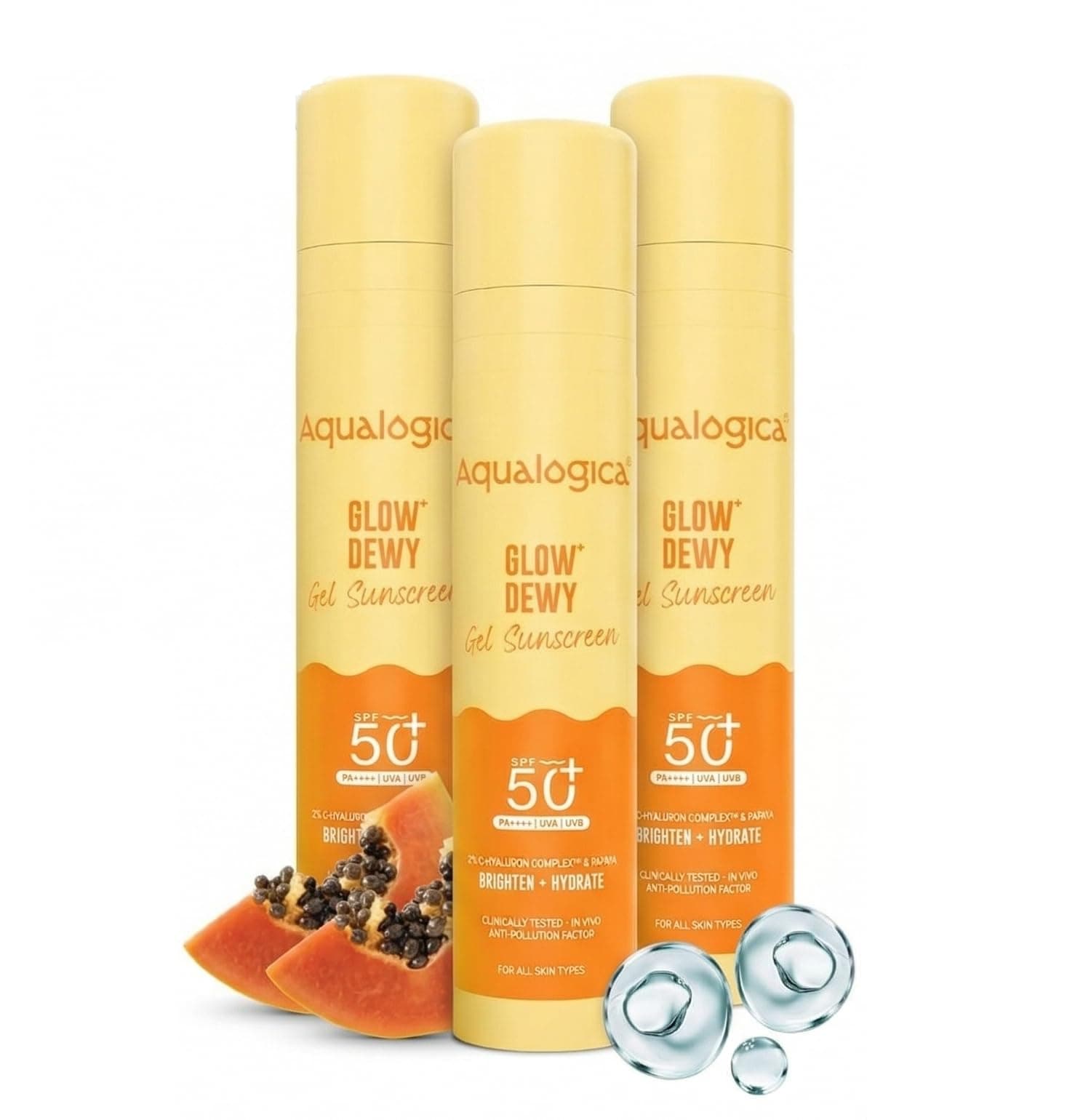 Aqualogica Glow+ Dewy Gel Sunscreen - 50 g x 3 | SPF 50+ PA++++ | In-Vivo Tested | New-age Filters | 12-Hour* Sun Protection | Tan Protection | For Bright & Hydrated Skin | Fragrance-Free & No White Cast | C-Hyaluron Complex™ & Papaya | Broad Spectrum UVA/B & Blue Light Protection | Lightweight | For Men & Women