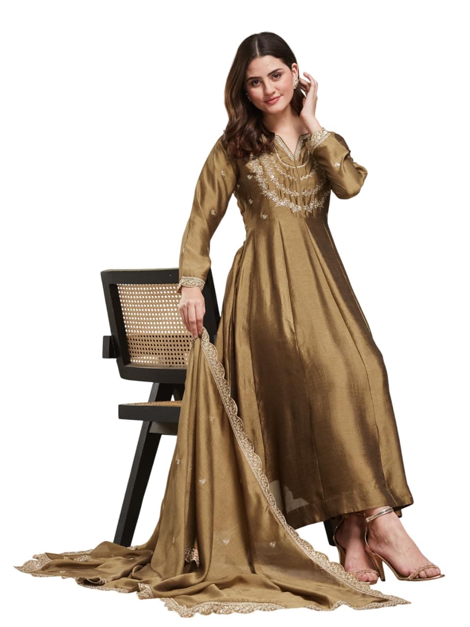 MOKOSH Women's Silk Embroidered Anarkali Kurta and Pant Set with Dupatta | 3 Piece Ethnic Kurta Set for Women | Regular Fit Traditional Outfit | Festive Kurta Set