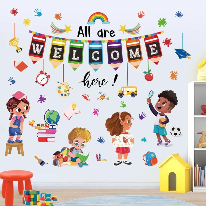 Classroom Wall Sticker, Multicolour, Vinyl, Welcome Theme with Students and School Elements, Easy to Apply (Small)
