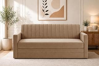 Modern Velvet 3-Seater Sofa Cum Bed with Armrest, Convertible Sleeper Couch Sofa for Living Room, Bedroom & Office - Golden Color