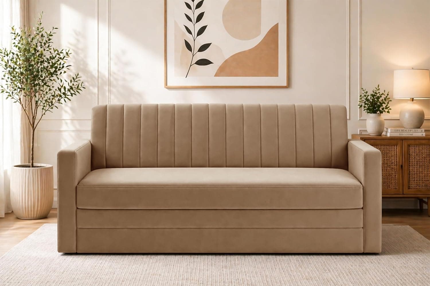 Winsome mattress Modern Velvet 3 Seater Sofa Cum Bed with Armrest, Convertible Sleeper Couch Sofa for Living Room, Bedroom & Office - Golden Color