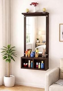 Wall Mounted Dressing Mirror with Storage Shelf & Organizer | Wooden Vanity Mirror for Bedroom, Living Room & Bathroom | Makeup with Display Shelf, Cosmetic Storage Rack | Dark wenge Finish