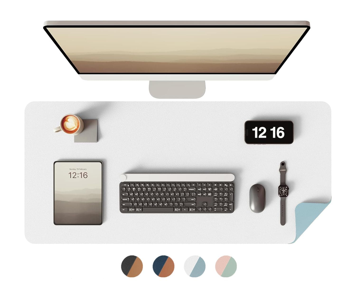 Bellblock Large Extended Reversible Desk Mat/Mouse Pad/Gaming Pad for Office/Home| Vegan Leather | Anti-Skid, Slip-Resistant, Splash-Proof | White &Sky Blue | 90x45cm