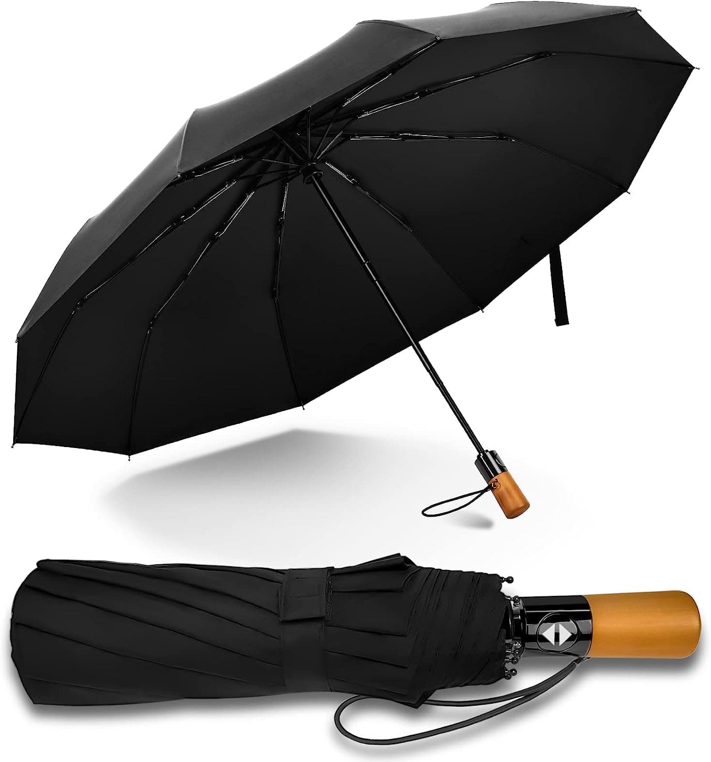 BONZELLA Umbrella for Men And Women, Compact Folding Umbrellas Rain & Sun UV protection Big Size,3 Fold with Auto Open and Close Windproof Wooden Handle Portable Cars, Travel -Black