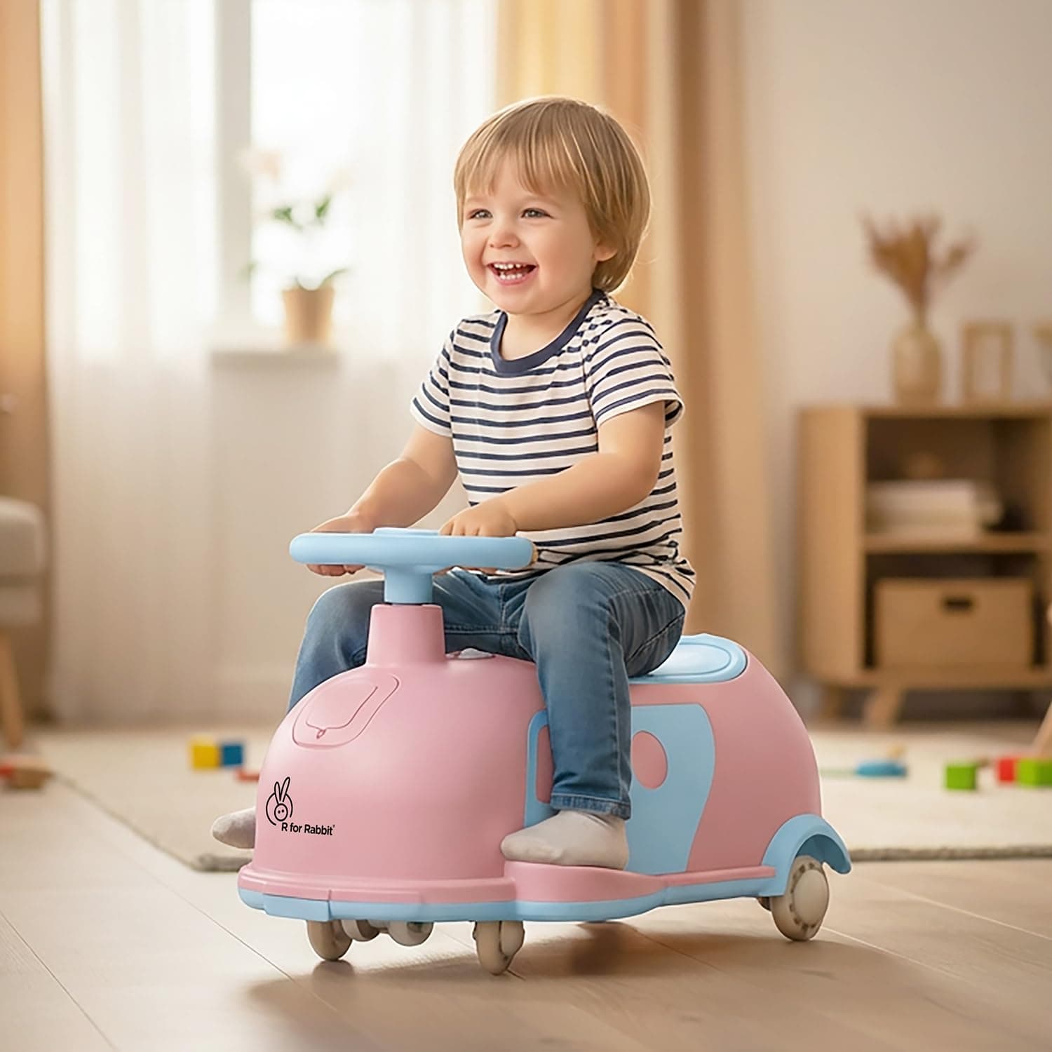 R for Rabbit Iya Iya Caravan 3 in 1 Kids Swing Car, Push & Pull Ride-On with Scratch Free PU LED Wheels & ABEC7 Bearing, Baby Twister Magic Car for 2+ Years Boys & Girls, Upto 75 Kgs (Pink Blue)