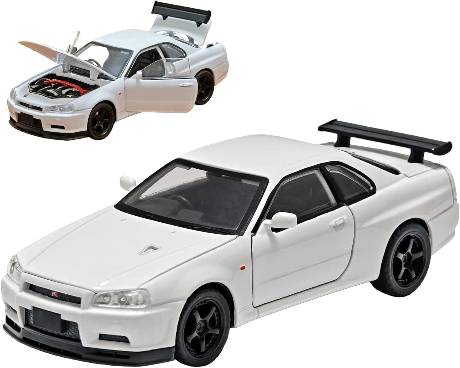 PLUSPOINT Die cast Metal Skyline GTR-R34 P.Walker Edition Sports 1:32 Scale Simulation Model Alloy Metal Pull Back Toy car for Kids with Openable Doors & Light, Music Toy Vehicle for Kids, Adults