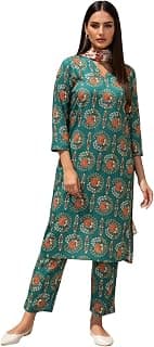 W for Woman Floral Printed Rayon Straight Kurta with Straight Pant and Dupatta Set