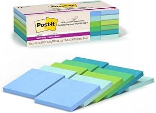 Post-It 100% Recycled Paper Super Sticky Notes, 2 x Fastening Power, 7.5 x 7.5cm, 12 Cushions, 70 Sheets/Pad, Oasis Collection (654R-12SST)