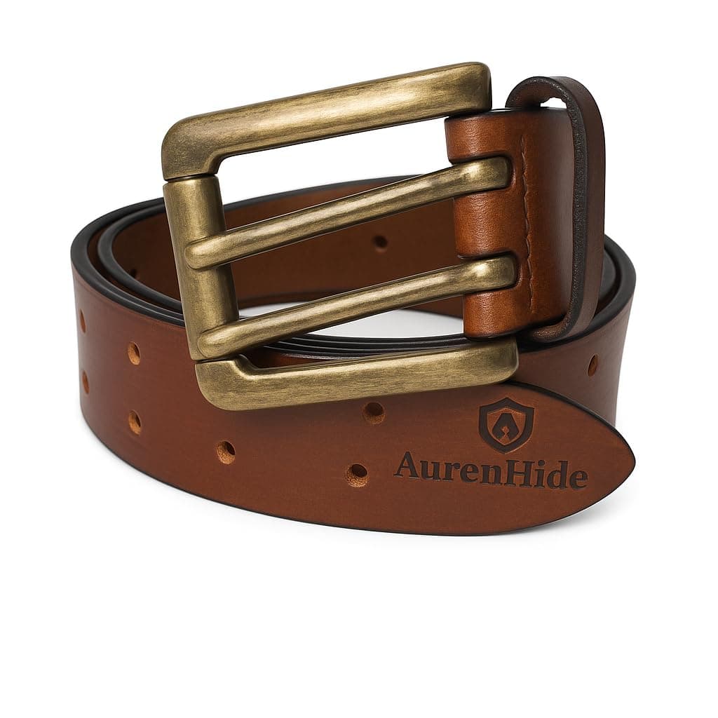 AurenHide Genuine Leather Belt for Men - A British Brand - 40mm Width - Formal and Casual Wear - Brown double hole belt - Free Size - Fits 28-44 Inch Waist - ZCB-209